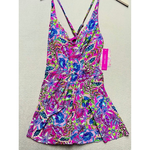 Stella Parker Other - Stella Parker Floral Swim Dress Pink Multi Tummy Toner One Piece Swimsuit L NEW